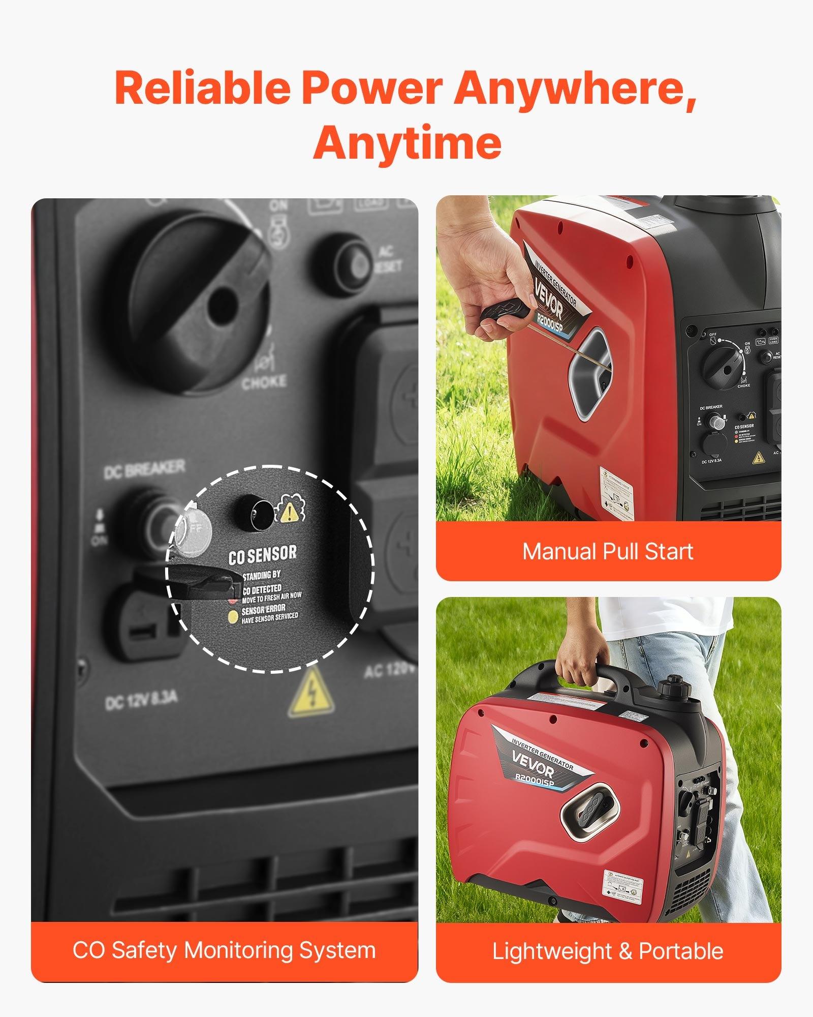 VEVOR 2900W Peak Watt Quiet Gas-Powered Inverter Generator (48.5 lbs), Compact Lightweight Construction for Camping/Emergency/Construction Use, AC Power Supply, CO Sensor, Long Run Time