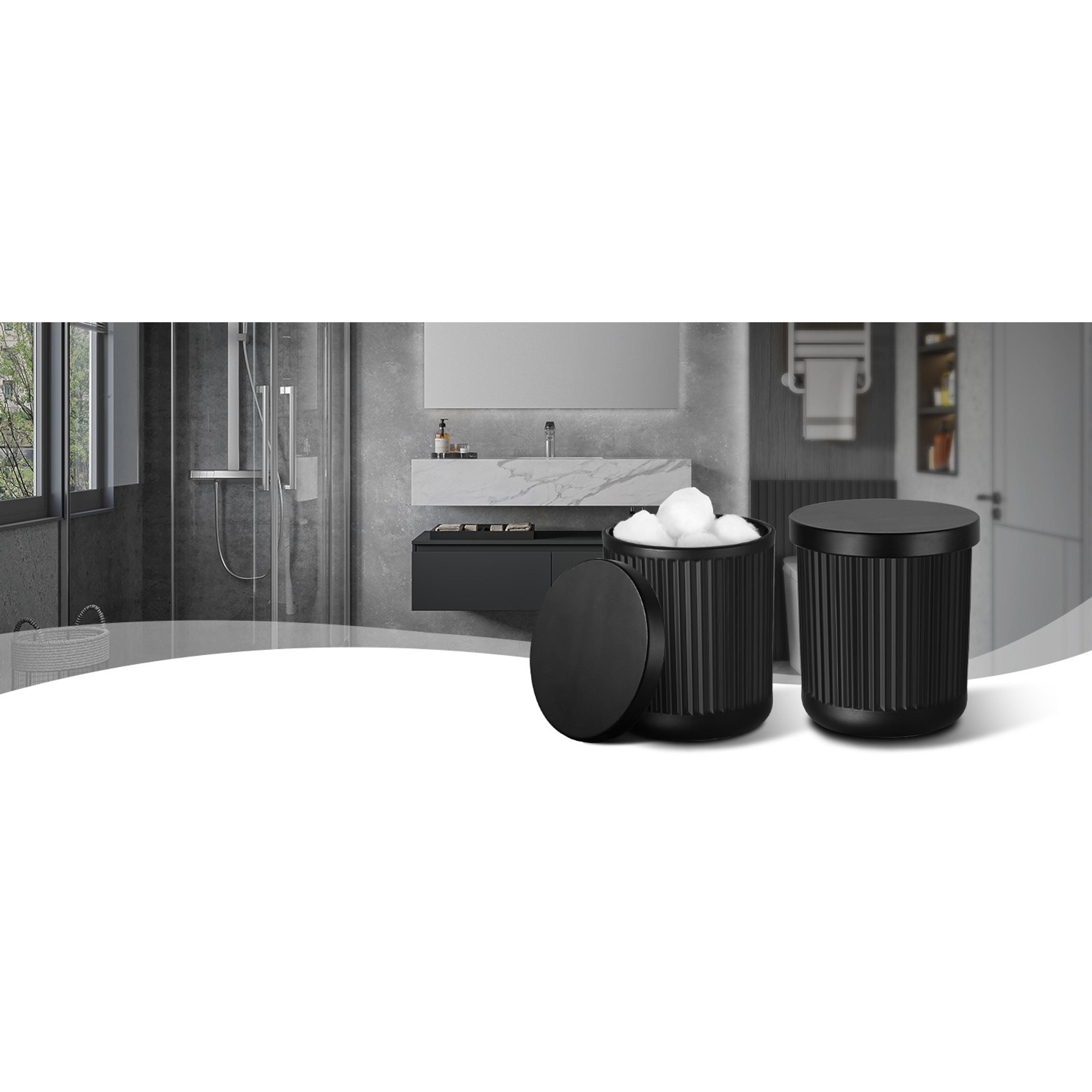Matte Black 4-Pc Glass Bathroom Accessories Set - Stainless Steel Pump Soap Dispenser, Toothbrush Holder, Wipe-Clean Organiser, Qtip Holder for Modern Home Sink Decor