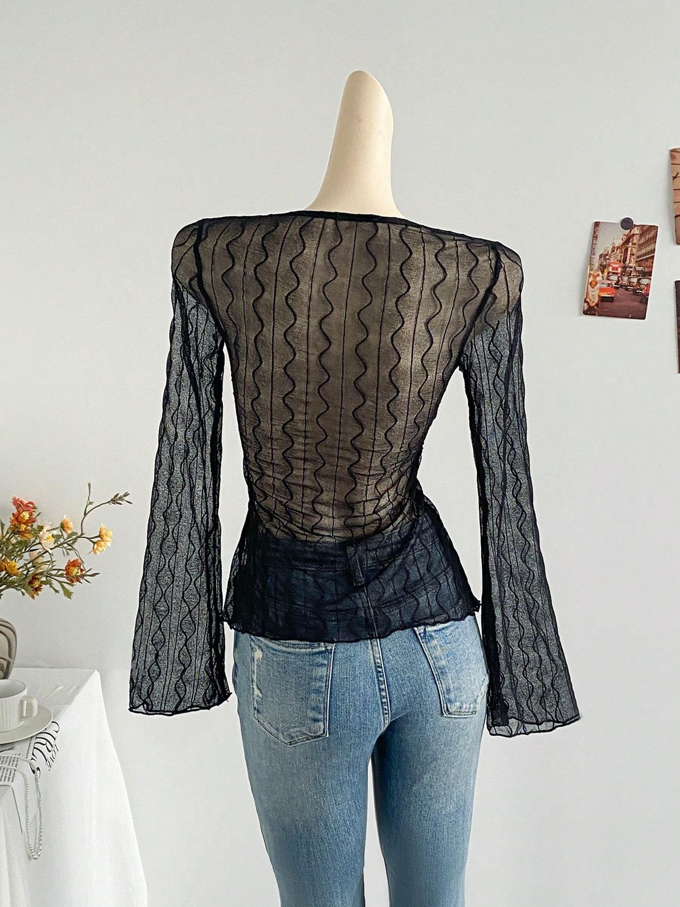 Women's Cute Sexy Button Tie Lace Top, Summer Woven Thin Fabric Loose Fit Blouse, Casual Fashionable Ladies' Clothing