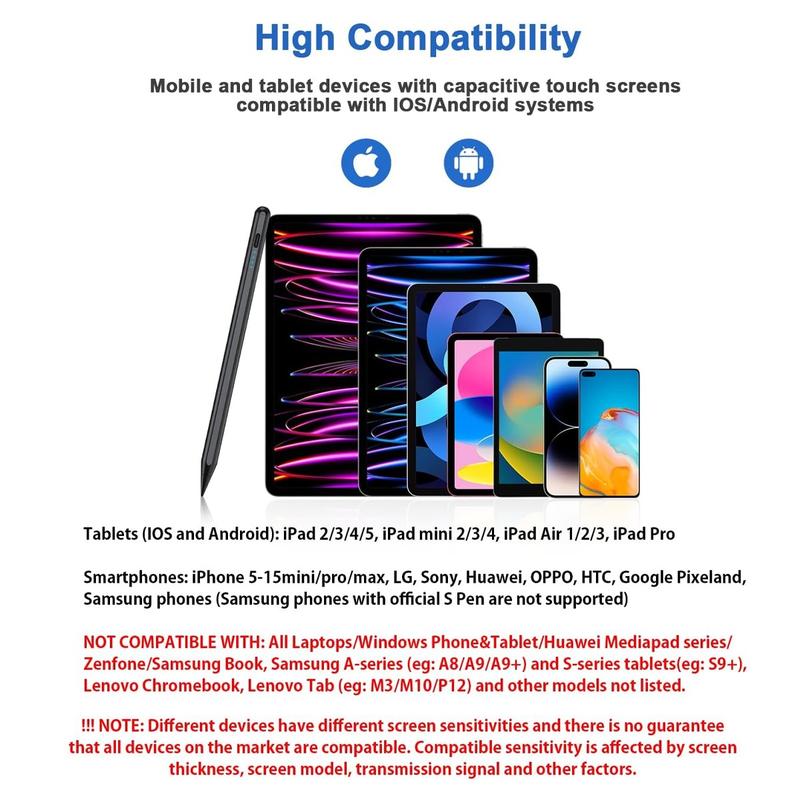 Stylus Pens for Touch Screens Power-Display Tablet Pen POM Tip Magnetic Digital Touch Pen Compatible with iPhone/iPad/iPad Pro/Lenovo/and Other iOS/Android Smartphone and Tablet Devices (Black) Touchscreen Pen USB Rechargeable Stylus