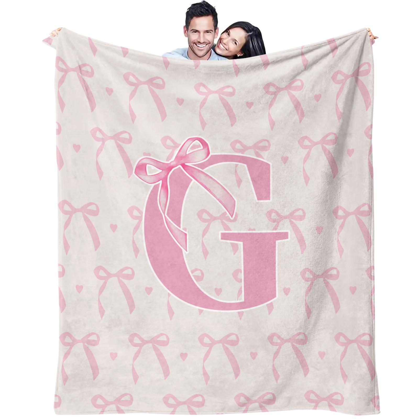 Pink Bow Custom Initial Throw Blanket, Sweet Girl Style Heart Print, Soft Warm Cozy Skin-friendly, Ideal for Bedroom Living Room Sofa Dorm Decor