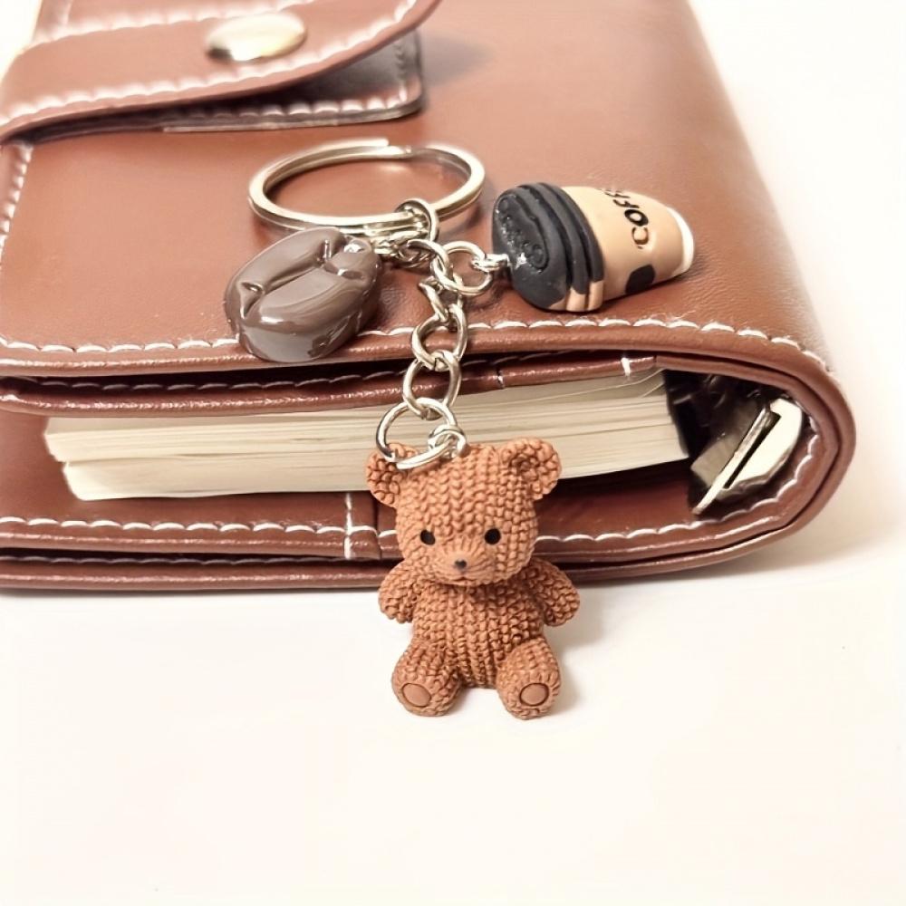 1 Cute Teddy Bear Coffee Charm Keychain - Brown (Coffee Bean Colored), with Metal Ring Closure - Birthday and Coffee Lover Gift, Party Small Gift, Bag and Notebook Decoration - Ladies' Fashion Accessory, Fun Design, Durable Metal Ring