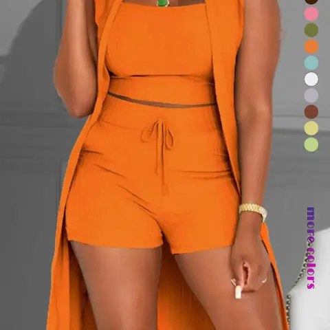 Three-Piece Set Women's Elegant Chic Solid Stretchy Ribbed Set, Casual Crop Tank Top & Drawstring Waist Shorts & Outerwear Set for Daily Wear, Women's Summer Clothes