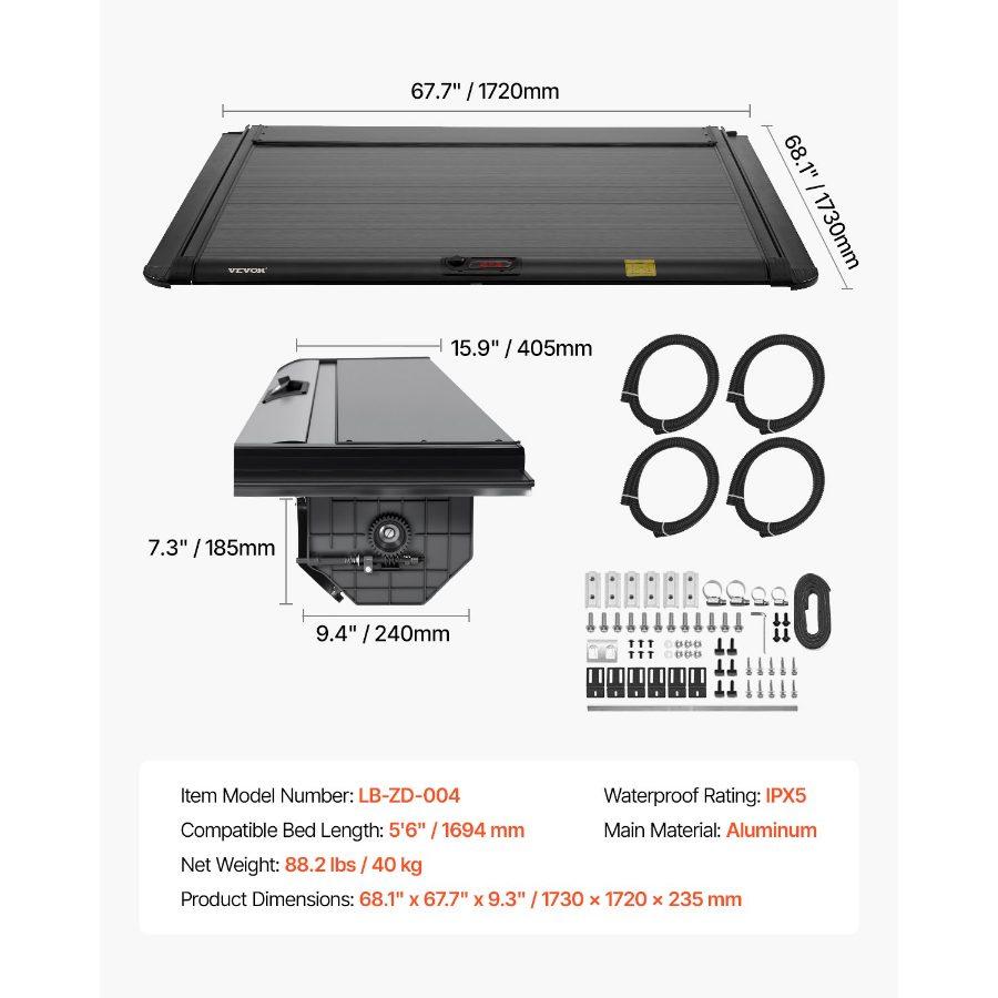 VEVOR Retractable Tonneau Cover, 5.5 ft Retractable Tonneau Cover with Built-in Drainage Pipe for 2021-2024 Toyota Tundra Crew Cab w/ Deck Rail System, Hard Tonneau Cover with Double-Lock T-Slot