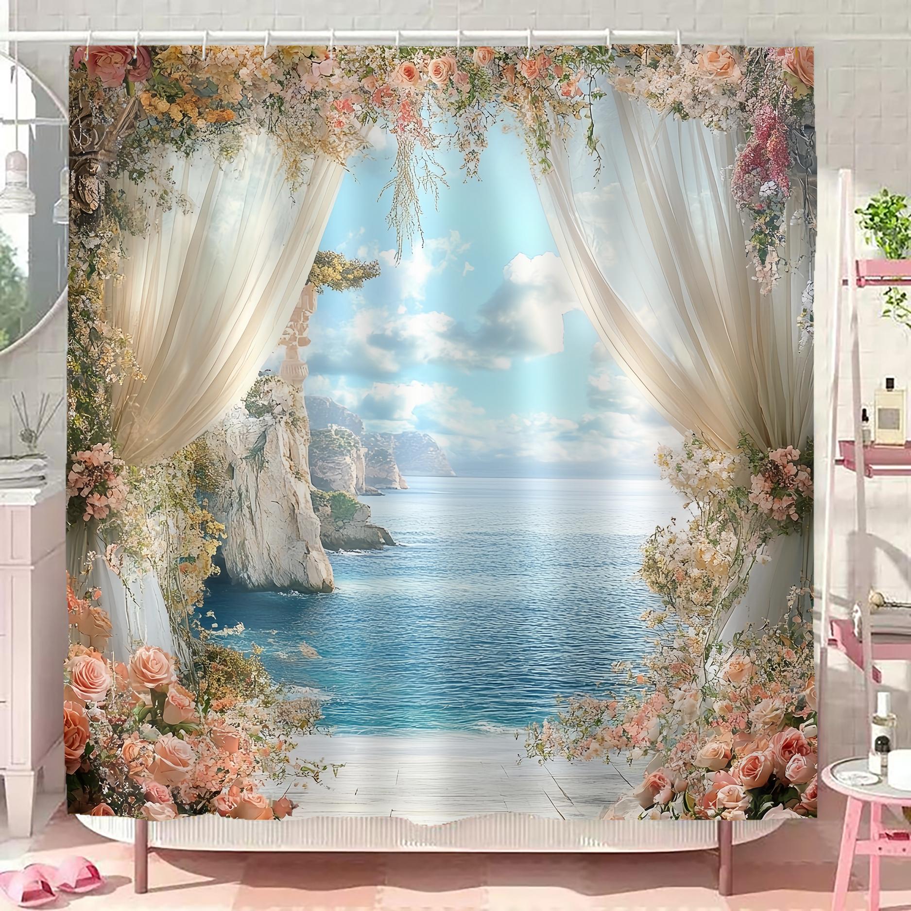 Romantic Sea View Pattern Bathroom Decorations, Including Shower Curtain & Toilet Lid Cover & U-shape Mat & Rectangle Mat, Bathroom Accessories for Home Decor