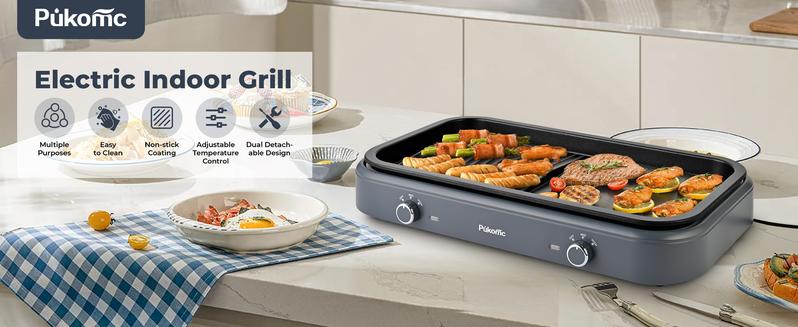 Pukomc 2-in-1 Electric Grill: Reversible non-stick grill/griddle, adjustable temp, detachable & dishwasher-safe. 1500W, stainless steel, drip tray, separate temp control.