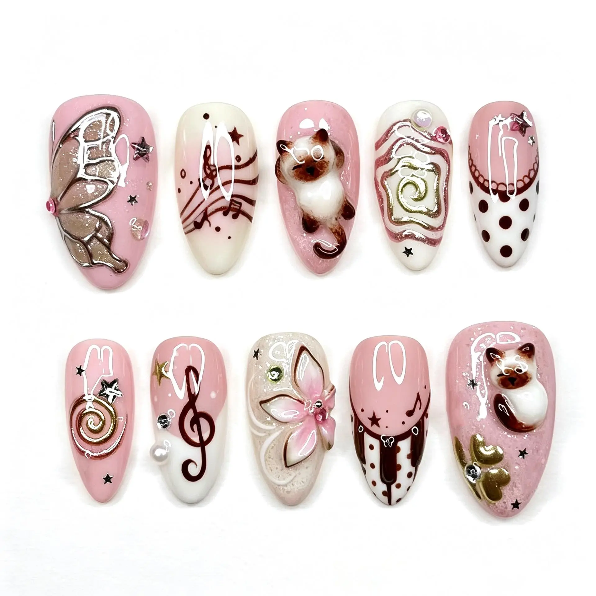 30PCS Almond Press-on Nail Supplies - 3D Siamese Cat, Butterfly, Music Notes, Polka Dot Designs, Non-Toxic Reusable Kawaii Coquette Salon Dupe w/ Prep Kit, Jelly Glue, Nail File