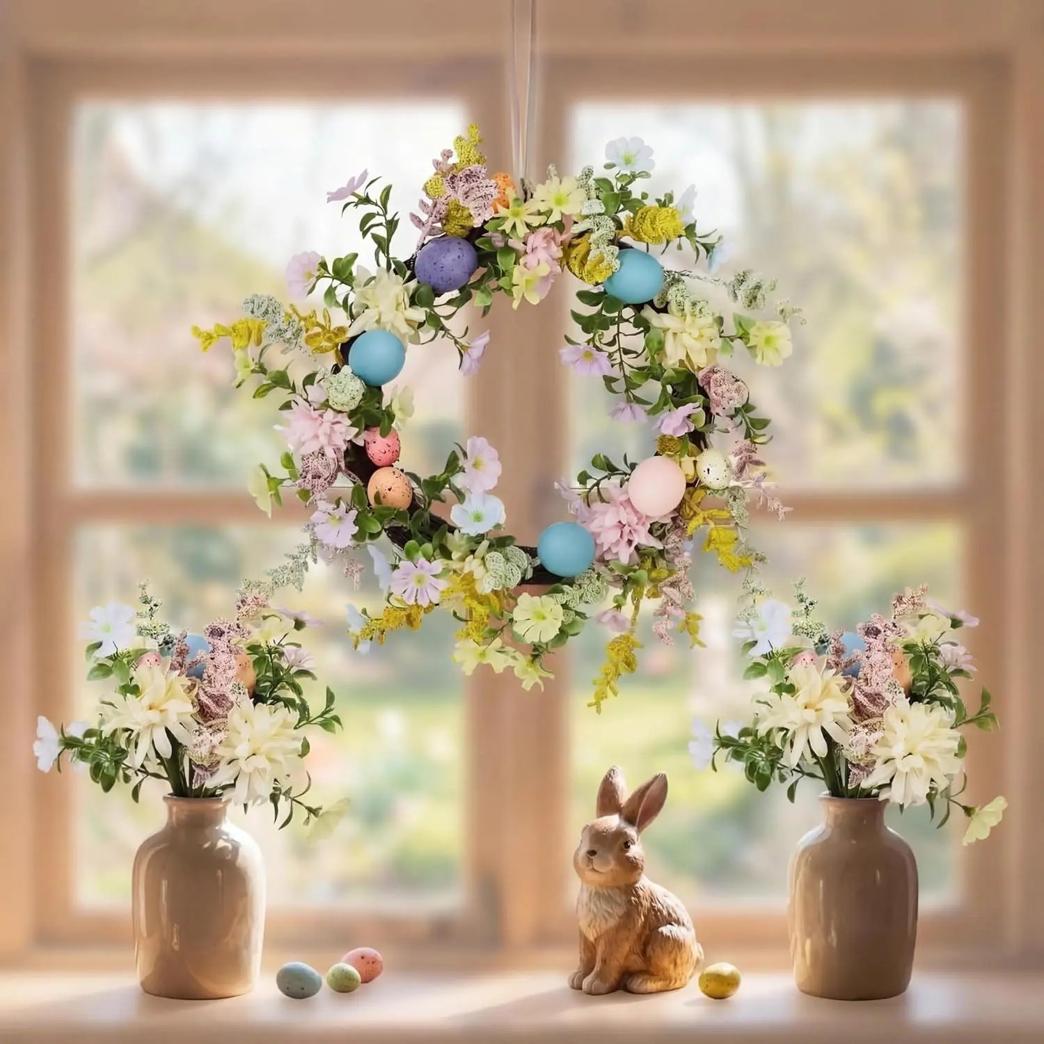Easter wreaths for front door featuring decorative flowers and Easter eggs, available in multiple sizes including 18", 22", and 24"; perfect for spring seasonal decoration.