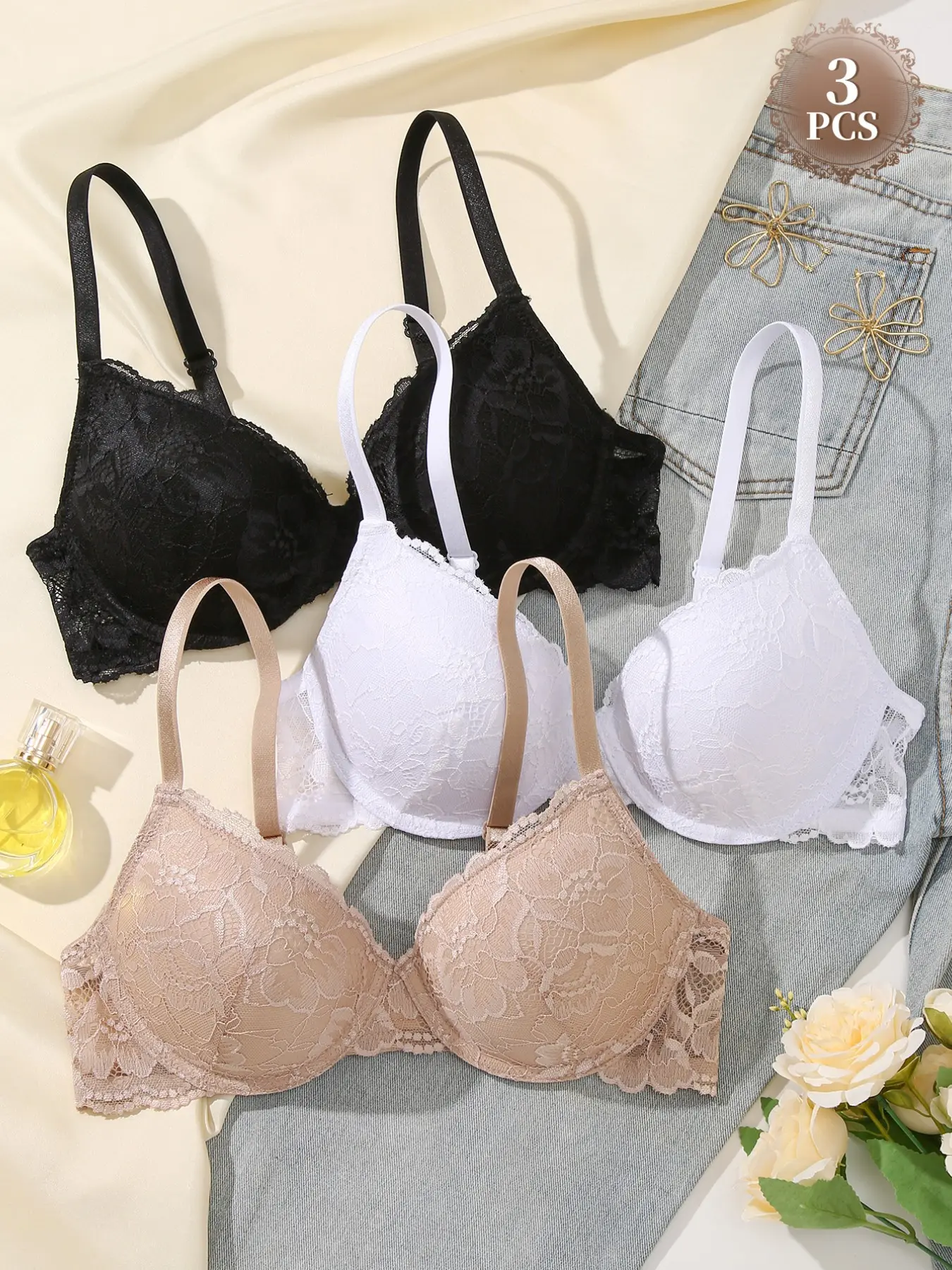 1/2/3PCSWomen Floral Lace Underwire Push Up Bra With Adjustable Thin Straps & Cutout Back Panel Invisible Lingerie, Intimate Bra, Aesthetic Elegance for commute, dating, shopping and loungewear Lace Bras