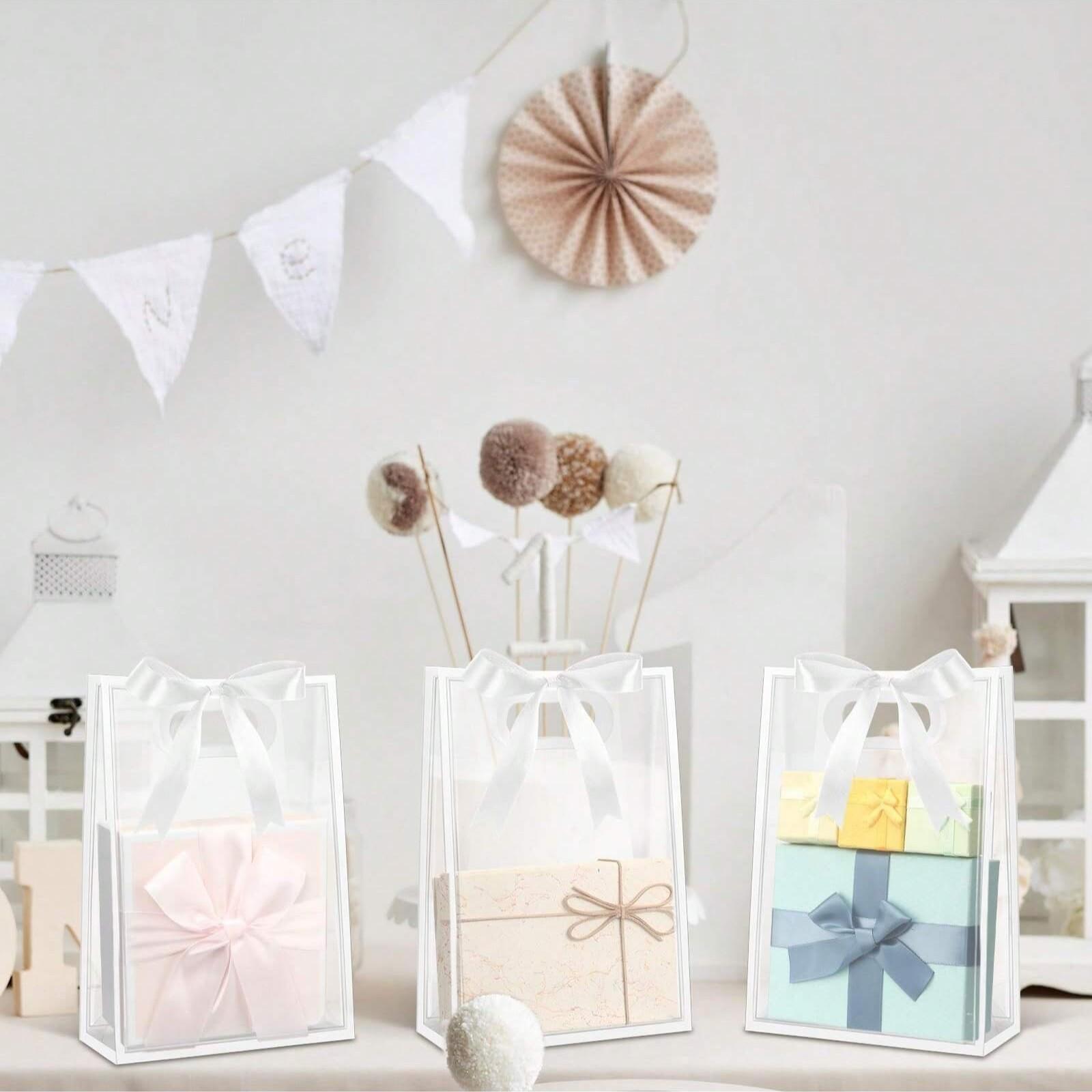 10 Transparent Plastic Gift Bags, PVC Clear Tote Bags with Ribbon, Waterproof Reusable, Ideal for Holidays and Events