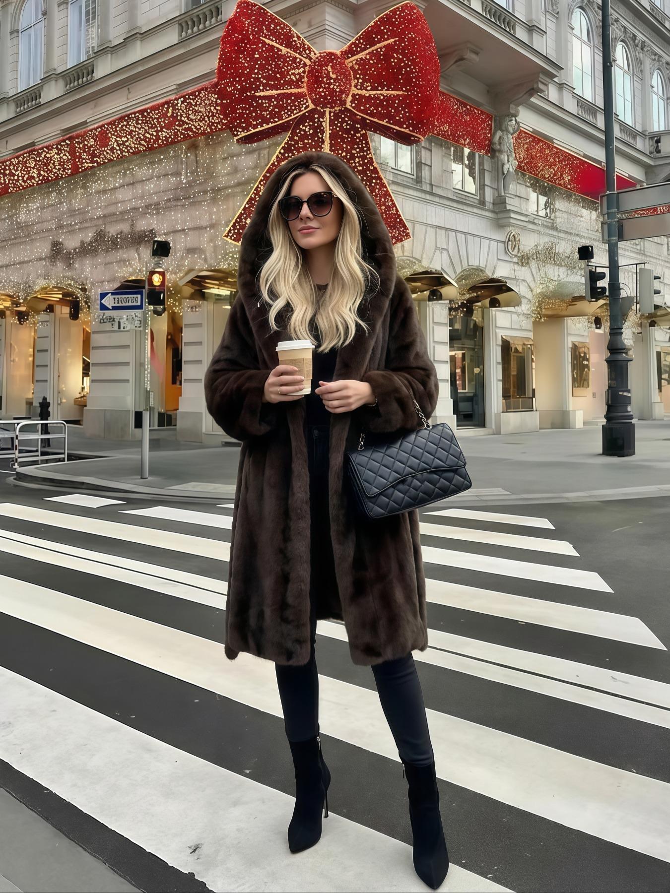 Women's Faux Fur Coat, Winter Fashionable Long Sleeve Hooded Jacket, Casual Loose Fit Medium-Length Outerwear for Daily Wear