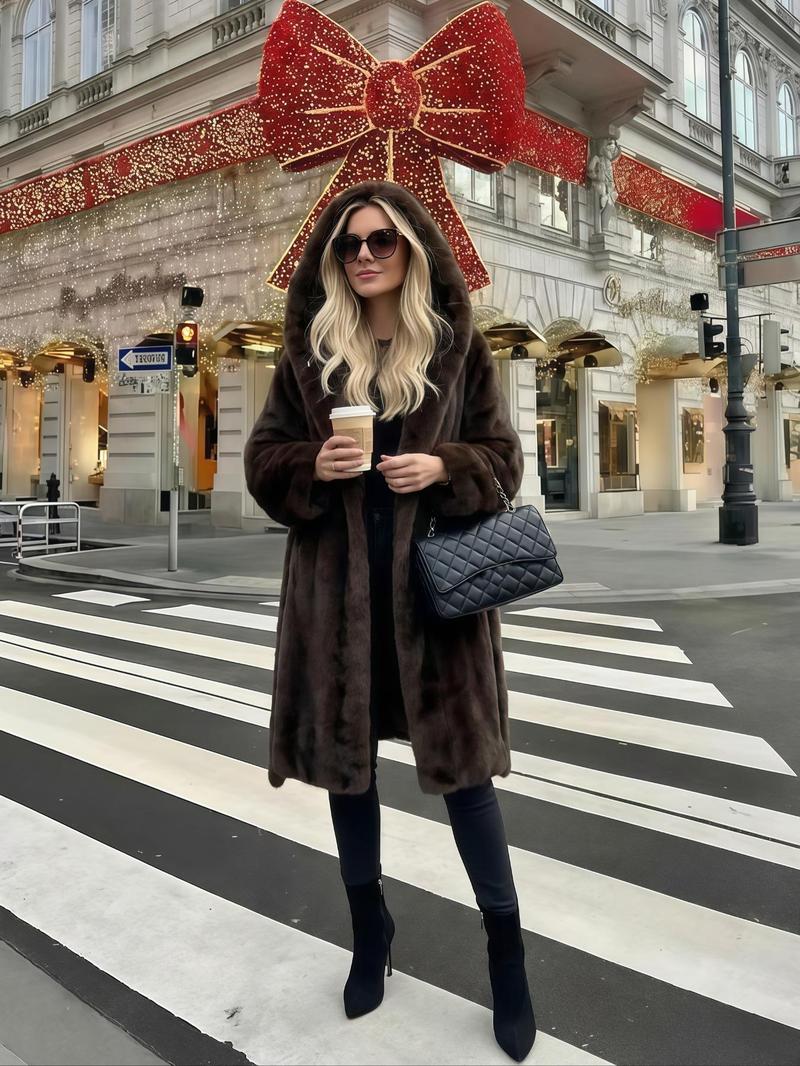 Women's Faux Fur Coat, Winter Fashionable Long Sleeve Hooded Jacket, Casual Loose Fit Medium-Length Outerwear for Daily Wear