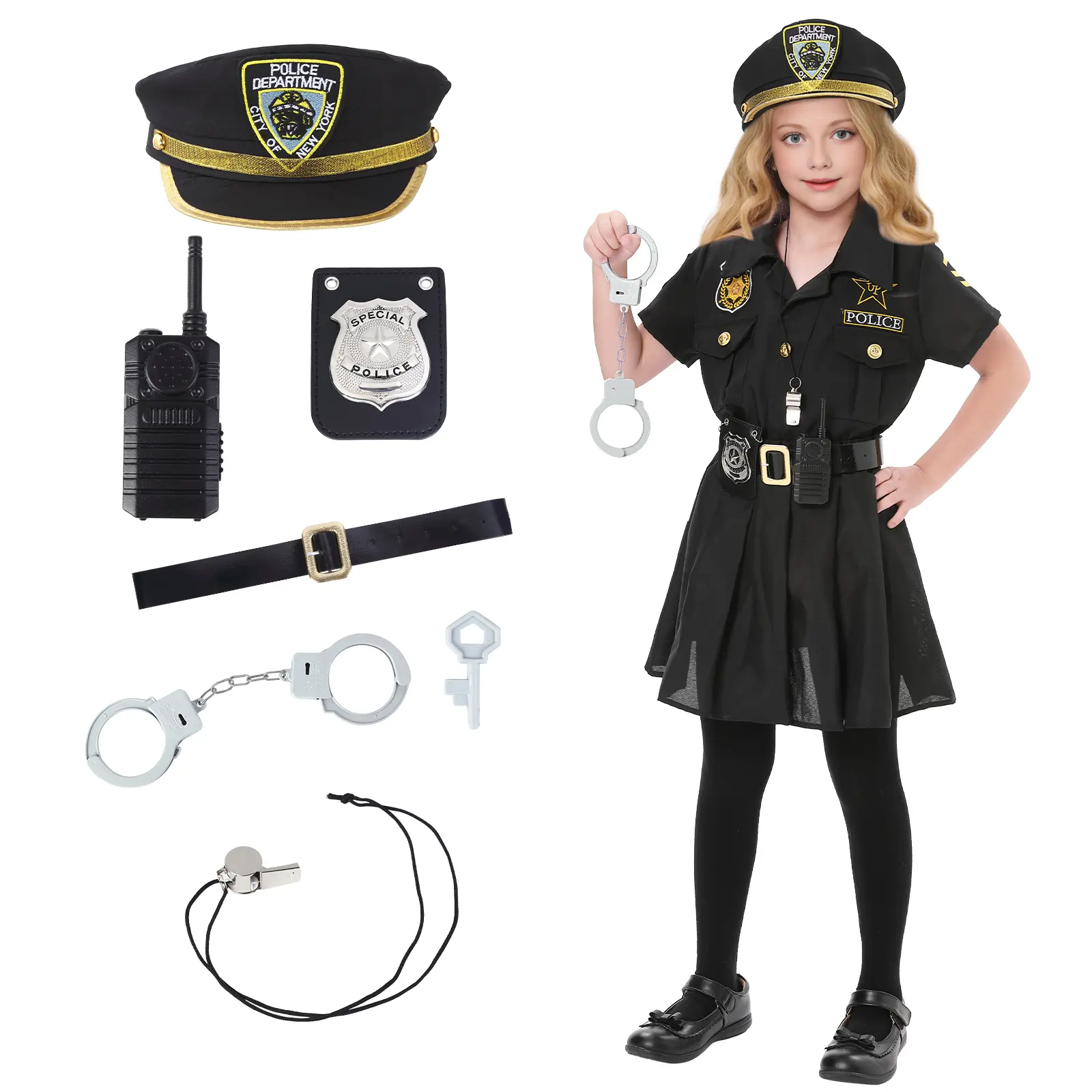 Authentic Police Officer Costume for Girls – Kids Dress Up Set with Accessories – Ideal for Halloween, School Games, Theme Parties