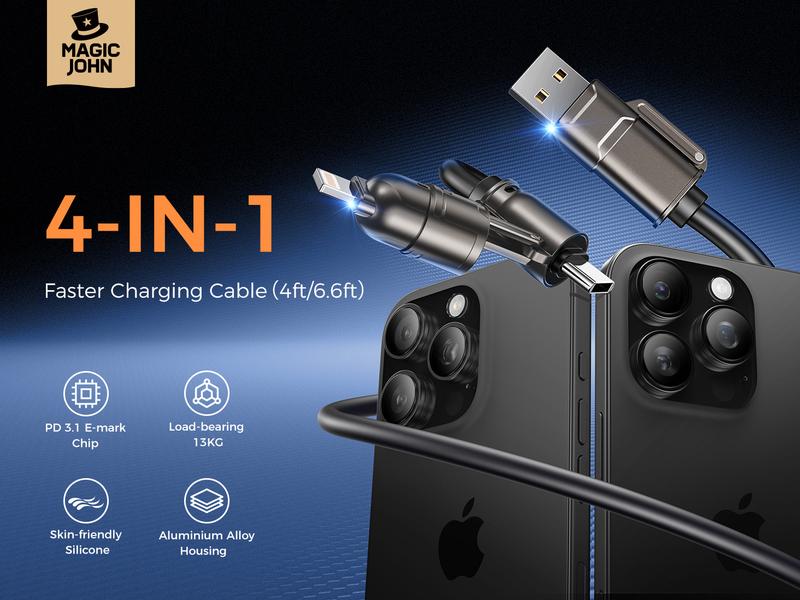 MAGIC JOHN USB Type C Charging Cable, 4 in 1 Function, 65W Fast Charging, Liquid Silicone and Aluminum Alloy Material, Braided Data Cable, Black & Gray