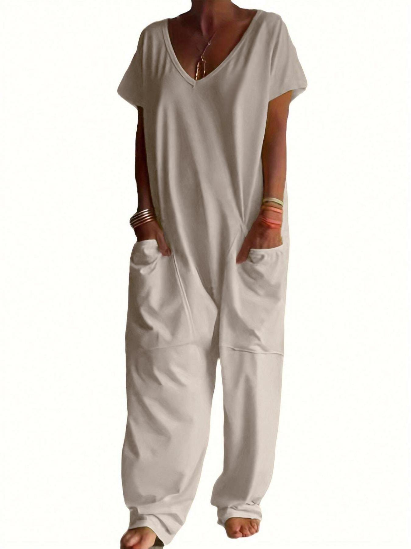 2026 Women's Casual Jumpsuit, Womenswear Short-Sleeve V-Neck Harem Pants, Loose Fit Wide Leg, Perfect for All Seasons, Stylish & Comfortable