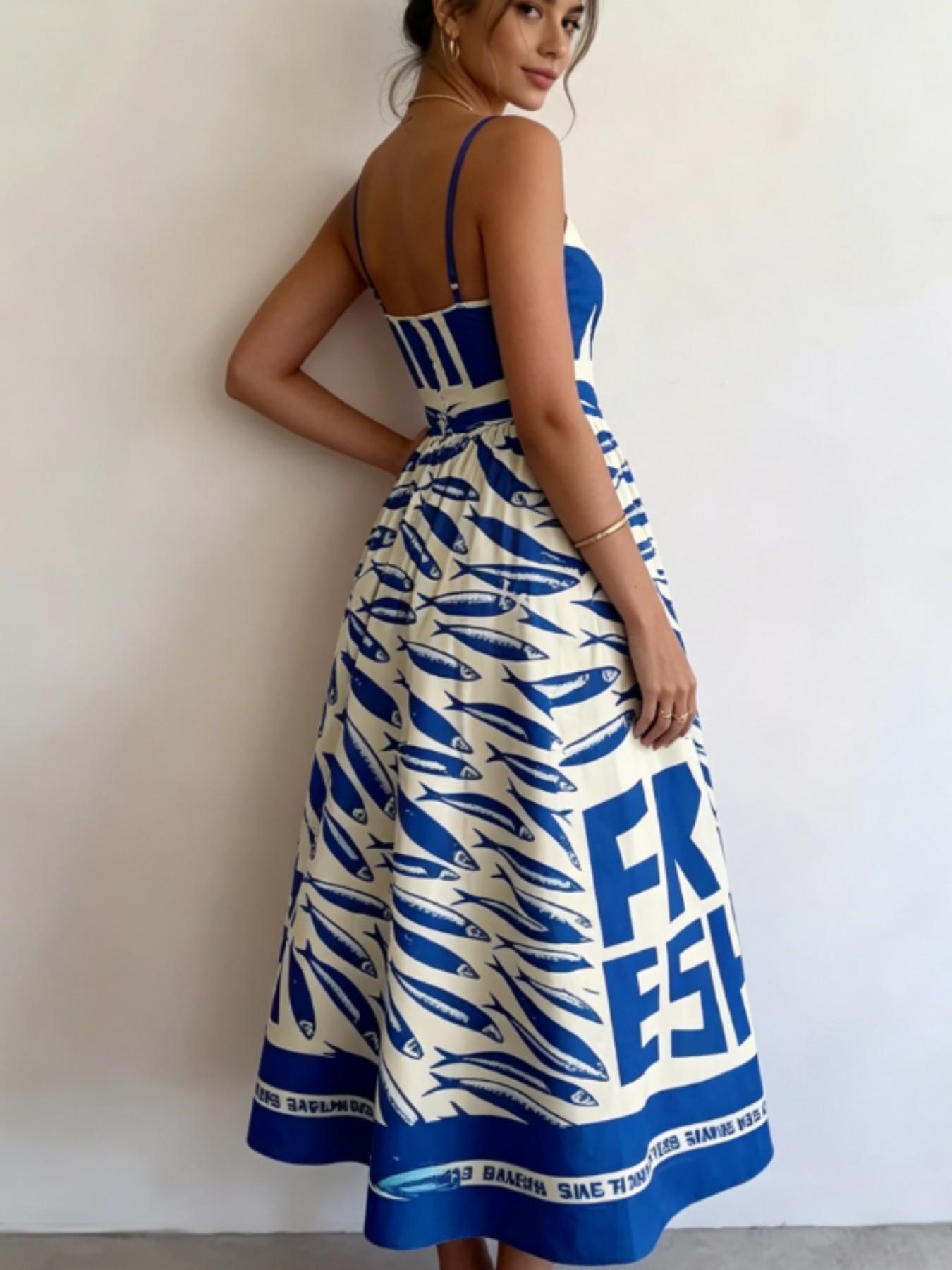 Blue Fish Pattern Letter Print Halter Dress, Summer Waist Cinch Slim Fit Midi Skirt, Vacation Style Elegant Dress for Women, Sleeveless