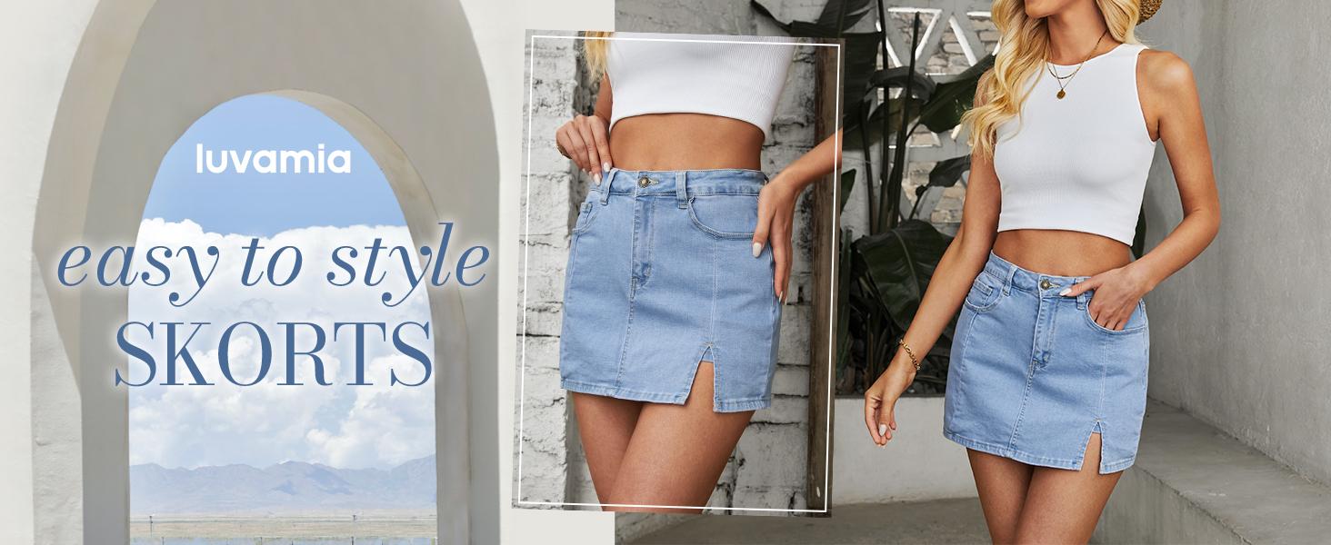 luvamia Skorts Skirts for Women Denim Mini Casual Oversize Skirt Side Slit with High Waisted Jean Shorts Stretchy