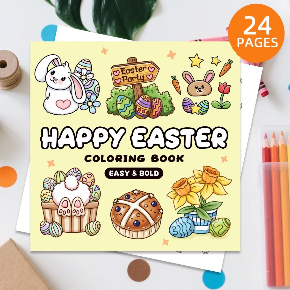 Happy Easter Coloring Book Theme, Cute Coloring Book, 24 Bold Stress-Relief Designs, 7.9in X 7.9in Perfect Size, Thick Paper, Gift for Adults Kids Teens