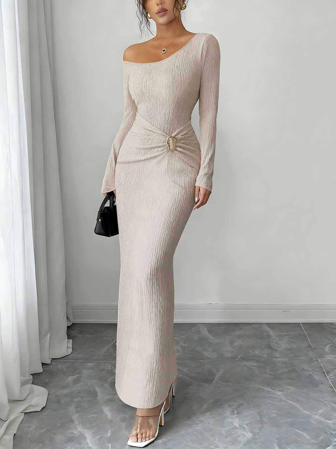 Women's Elegant Chic Asymmetric Neckline Dress, Plain Color, Twist Texture, Tight Fit, Party Gown, Commuter Style, All Seasons