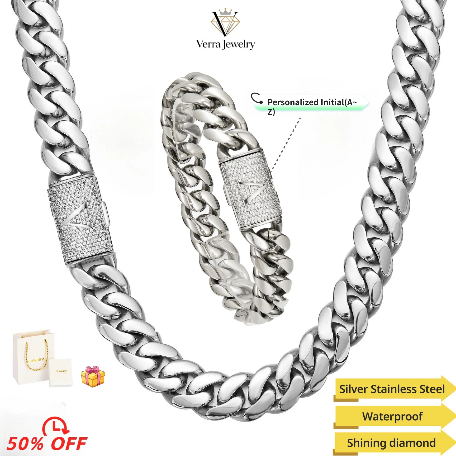 Men's 2-Piece 14mm Silver Stainless Steel Cuban Link Jewelry Set - Necklaces & Bracelets with A-Z Initial Clasp, Hypoallergenic, Water-Resistant, 18-26in Heavy Chains, Gothic Punk Hip Hop Style, Casual Everyday Personalized Gift for Men's Jewelry Lovers