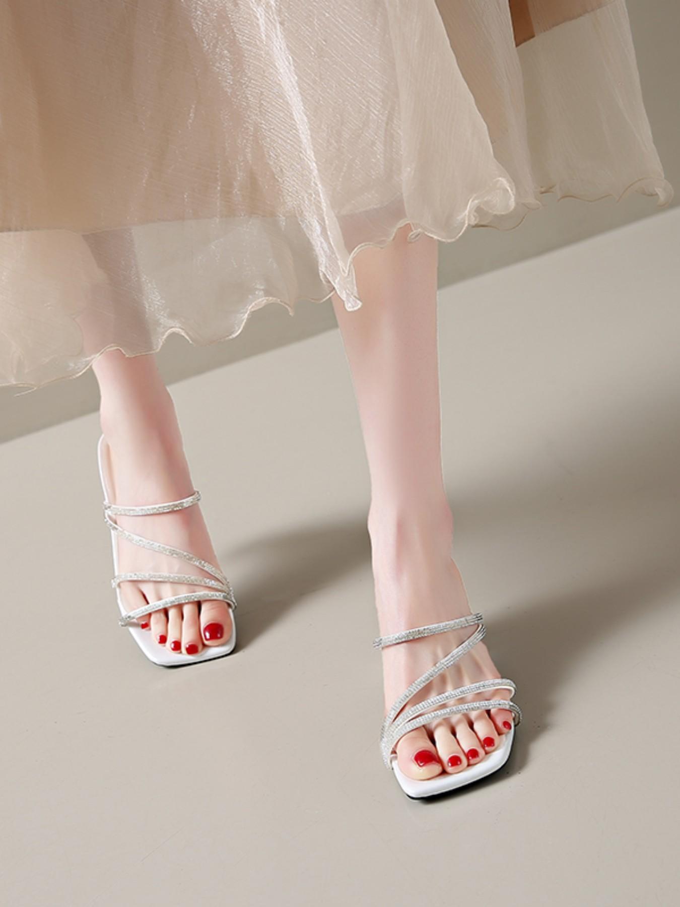 Women's Square Toe Rhinestone Sandals, Chunky Heel Mid-Heel Fairy Style Summer Outdoor Versatile Two-Wear Strap Flats