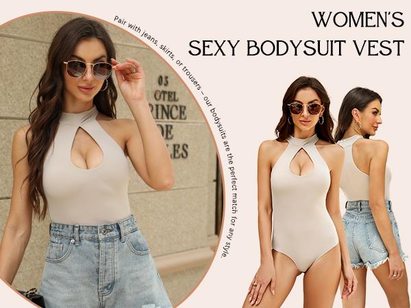 CHYRII Women's Sexy Sleeveless Cutout Bodysuit-Slim Fit Casual Going Out Outfit Womenswear