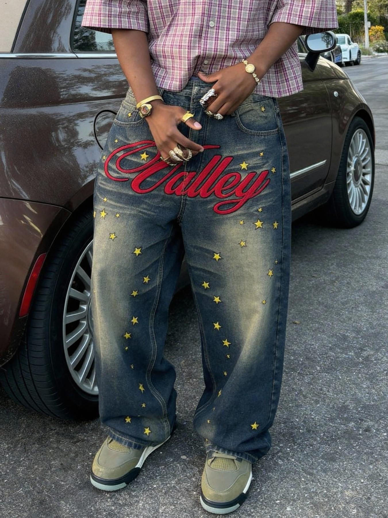 Four-season loose straight-leg wide-leg blue stacked flared jeans, decorated with letter and star embroidery, American street fashion clothing, a versatile must-have for daily casual wear, essential for trendy and cool outfits