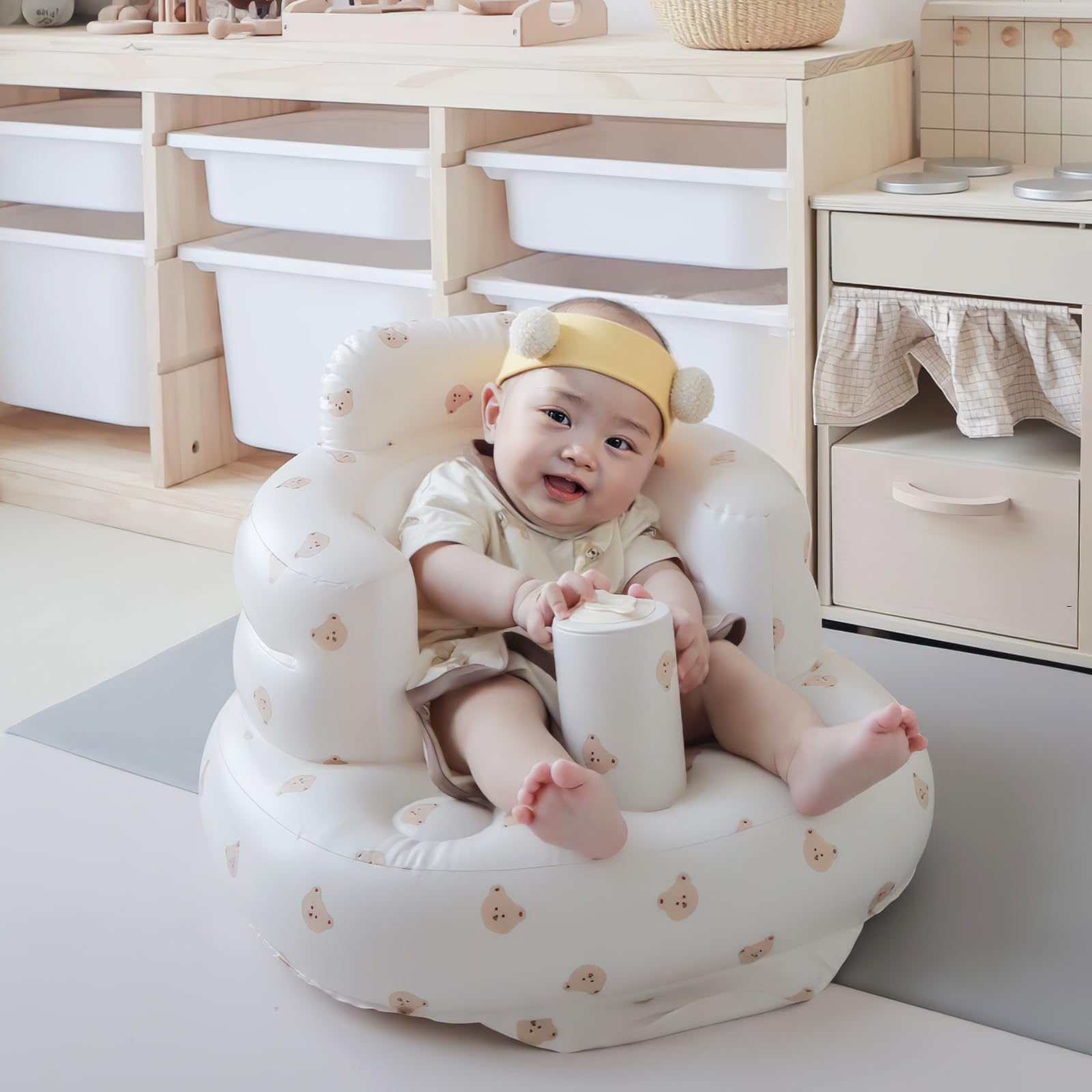 Baby Floor Chair for Sitting Up, Inflatable Baby Seat with Harness for Babies,Baby Seats for Infants, Blow Up Baby Chair with Built in Air Pump