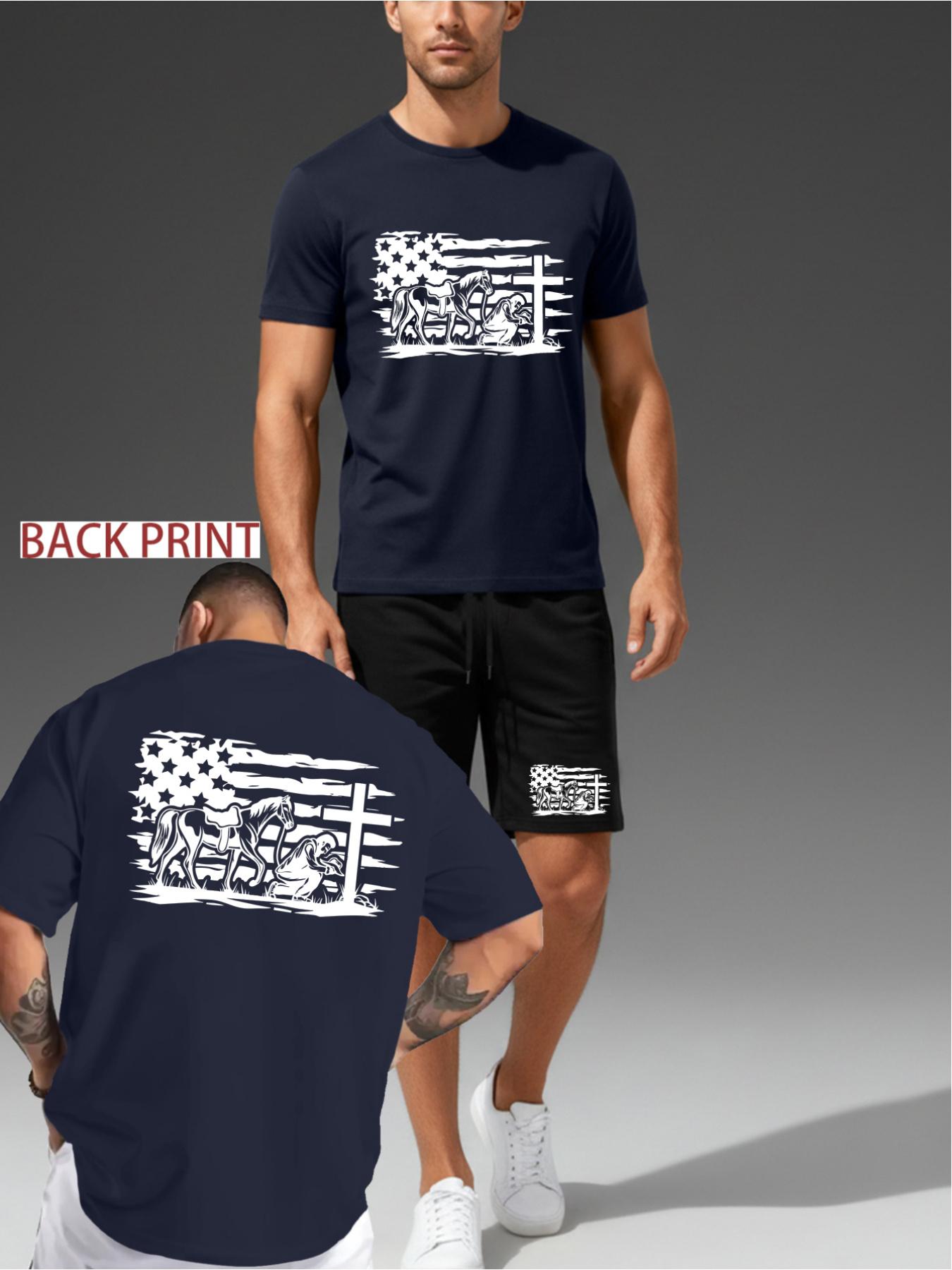 Retro Cowboy Prayer Theme Set with American Flag Elements, Front and Rear Printed Casual Short Sleeves+Shorts