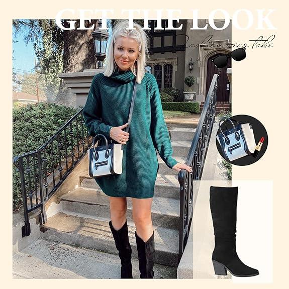 Women's Pointed Toe Knee High Boots Faux Suede Stacked Chunky Heel Boots Side Zipper Slouchy High Boots