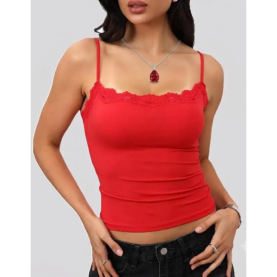 Women's Double-Lined Lace Trim Cami Sleeveless Top - Casual, High Stretch, Fitted Cut Spaghetti Strap Basic Tank for Parties, Going Out, Clubbing
