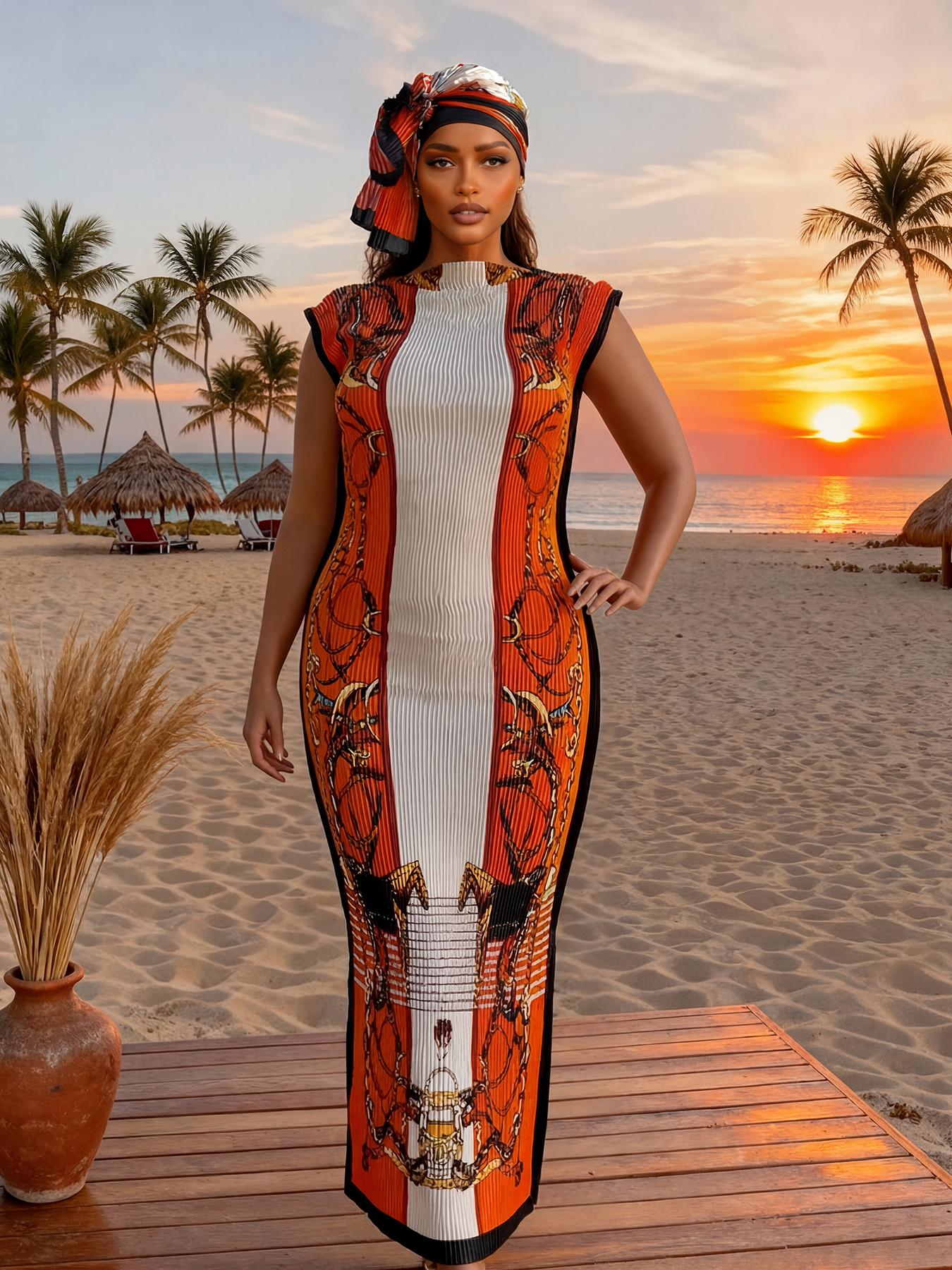 Women's Elegant Animal Print Long Dress Set, Slim-Fitting Moo Moo Skirt & Scarf, Beach Sun Protection Shawl, All Seasons Fashion