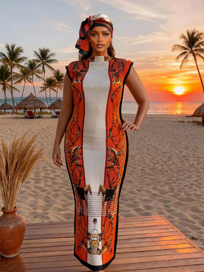 Women's Elegant Animal Print Long Dress Set, Slim-Fitting Moo Moo Skirt & Scarf, Beach Sun Protection Shawl, All Seasons Fashion
