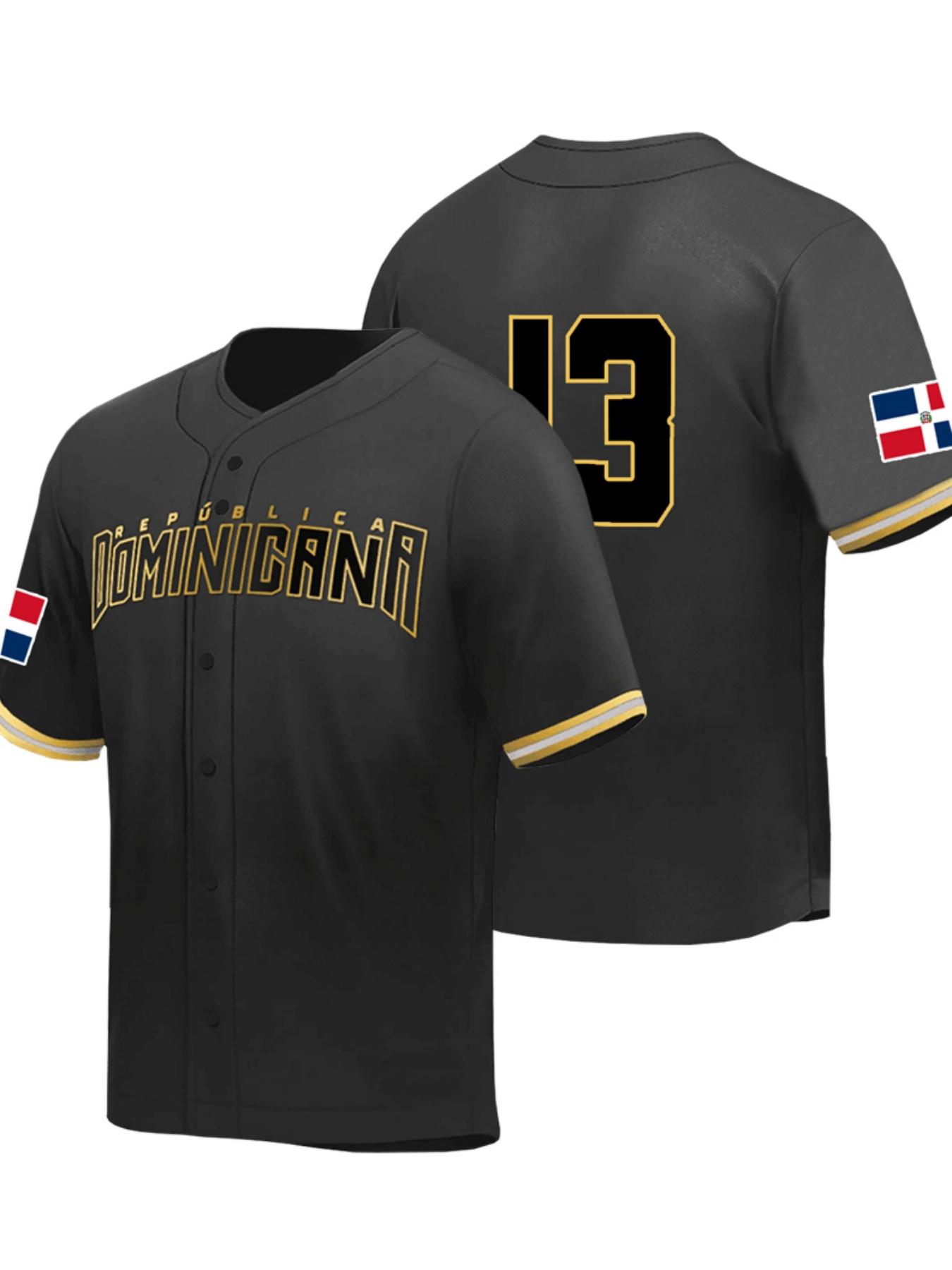 Dominican 13 Western Baseball Jersey, Embroidered Letter and Number Design, Casual Loose-Fit Breathable V Neck Top  for All Seasons