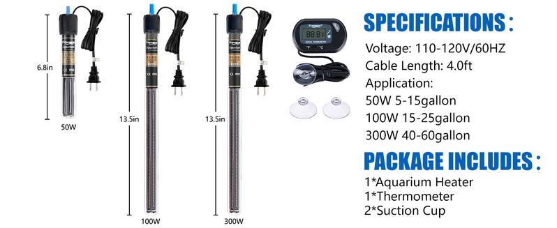 FREESEA 50 Watt Aquarium Submersible Betta Heater with Aquarium Submersible Thermometer Marine Aquarium Heater with LED Controller Submersible Quartz Submersible Aquarium Super Mini Adjustable Aquarium Adjustable USB Stainless Steel
