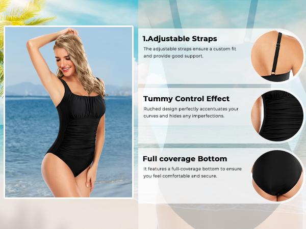 Aqua Eve One Piece Bathing Suit for Women Tummy Control Swimsuit Slimming Vintage Swimwear