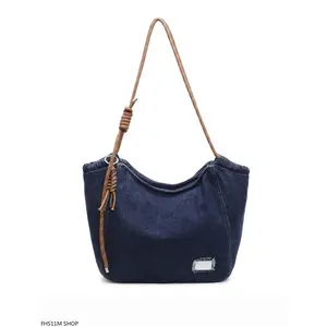 Retro Minimalist Denim Tote Bag With Drawstring & Woven Rope Strap, Large Capacity Lazy Casual Shoulder Bag, Versatile For Daily Commuting & Shopping