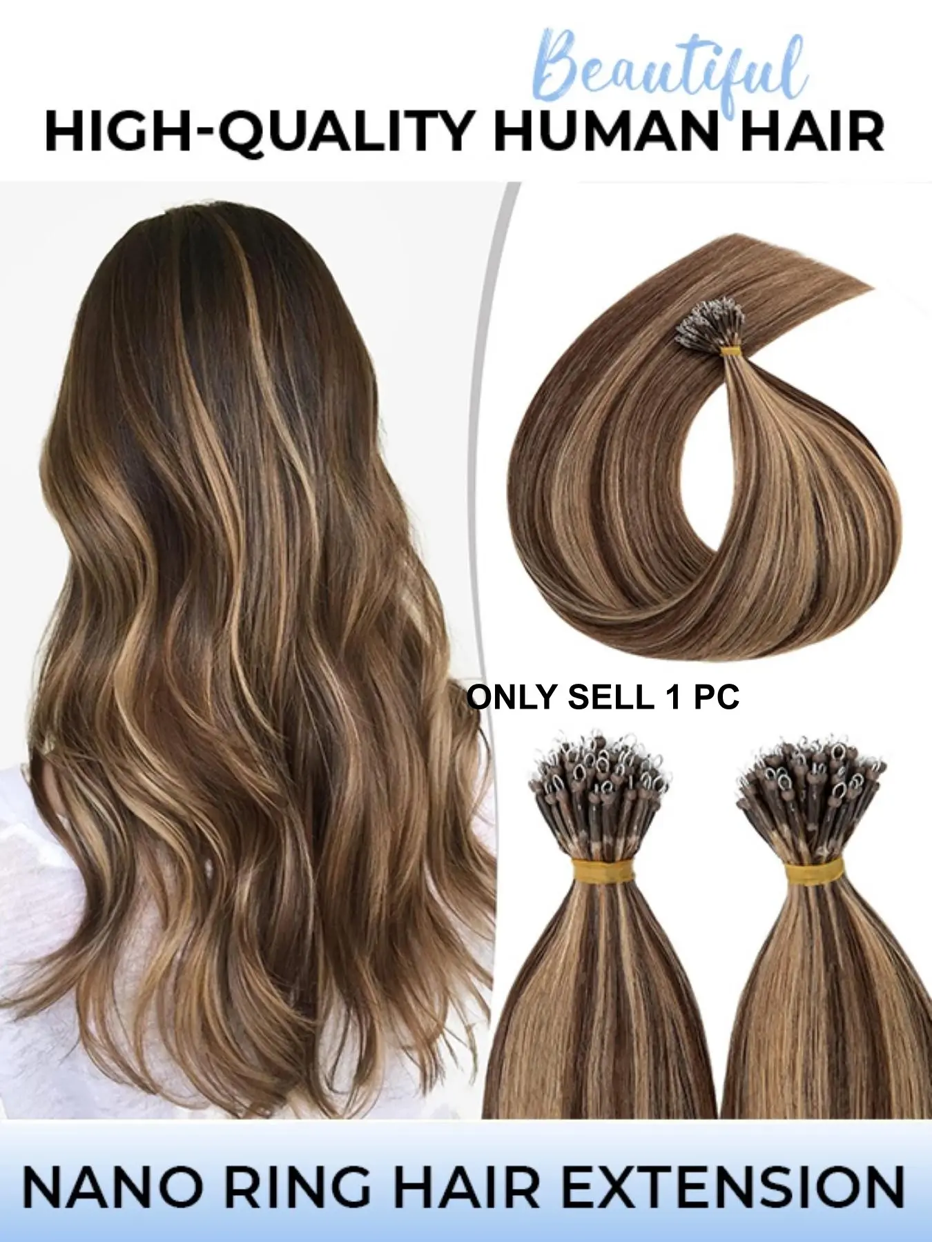 Nano Ring Hair Extensions, Real Human Hair Micro Rings Keratin Capsules Straight Natural Hair, for Women and Girls, 50pcs/bag, 30g/bag