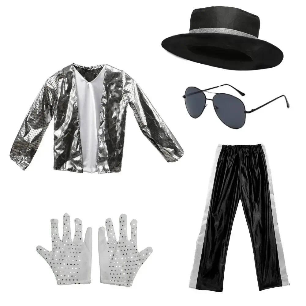 Kids Boy  Billie Jean Cosplay Black Suit Dance Disco Halloween Fancy Dress Up 80s Pop King Costume for Top Pants