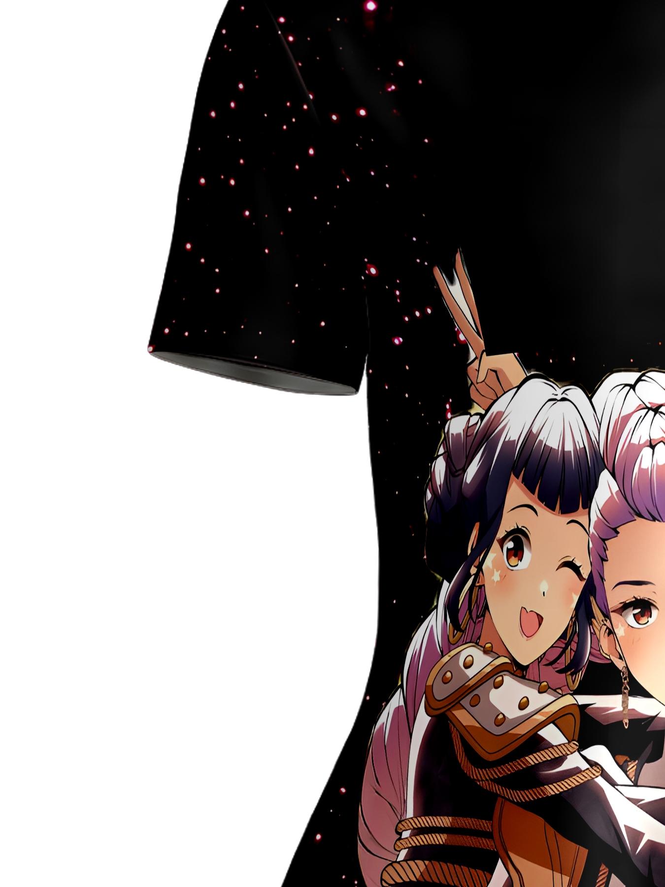 Girls Summer Anime Idol Print Dress, Kids Black Starry Sky Crew Neck Short Sleeve A-Line Skirt, Casual Princess Dress for Big Kids