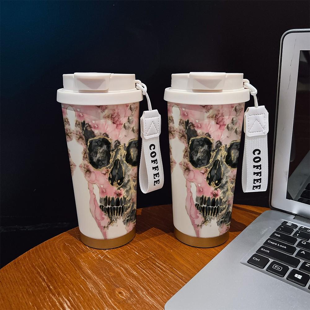 Abstract Skull Texture Coffee Cup, Portable Dual Drink Insulated Tumbler, Keeps Warm/cold, Boho Style, Ideal for Office, Travel, Sports