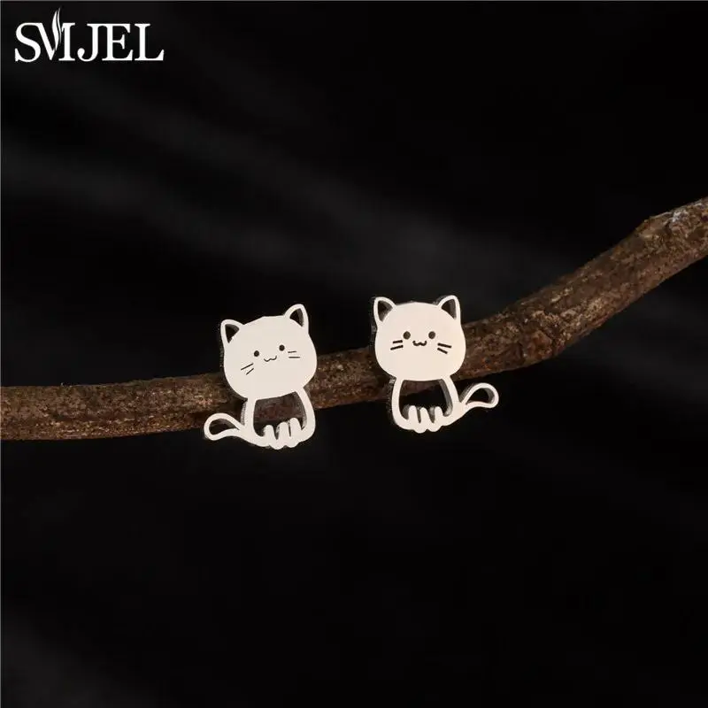 2025 New Funny Happy Kitty Stud Earrings for Girls Fashion Cute Animal Cat Earings Silver Color Kitten Jewelry Wholesale