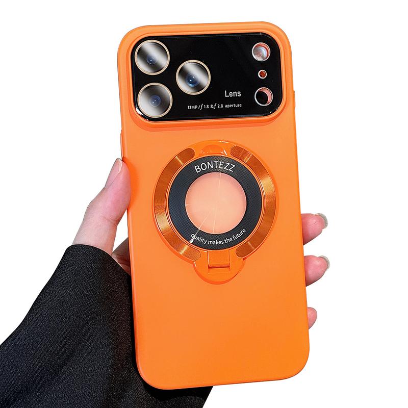 Luxury Slim Matte PC Bracket Case for iPhone 17 Pro Max 16 15 14 13 12 Magsafe Magnetic Ring Stand Case +Lens Protect Compatible with Magsafe, Window Glass Lens Camera Protector Magnetic Cover