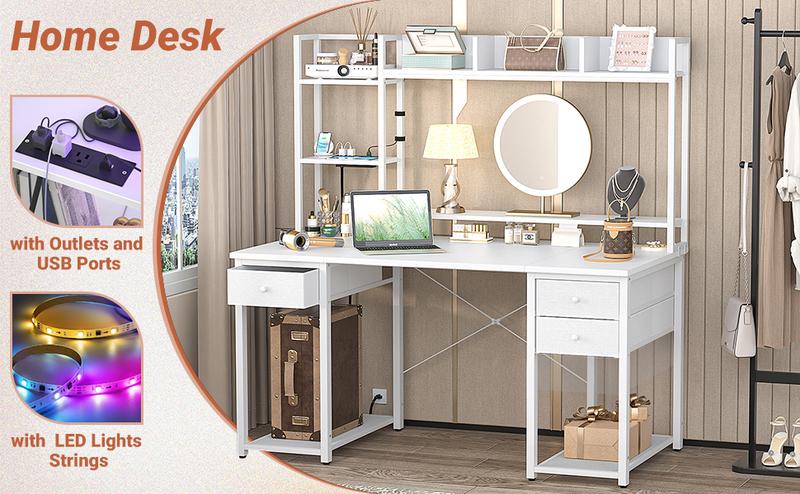 Gaming Desk with Hutch, 47.2'' and 55.2'' Computer Desk with Drawers, Reversible Office Desk with Storage Bookshelf Large Workstation Desk with Shelf