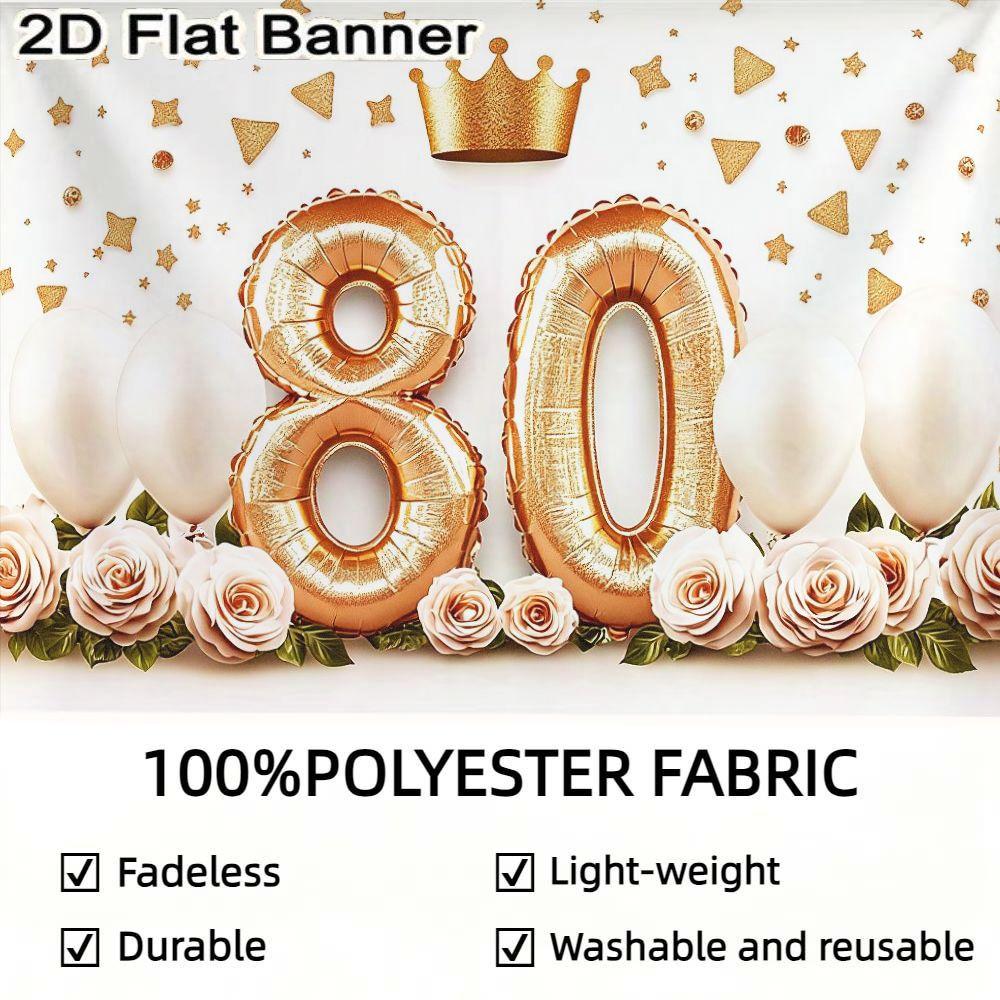 2D flat banner, 1pc80th Birthday Party Decorations, Gold Foil Number 80 Balloons Crown Shaped Balloon with Pink Roses & White Balloons, Gold Confetti Background, Festive Celebration Decor for Milestone Event