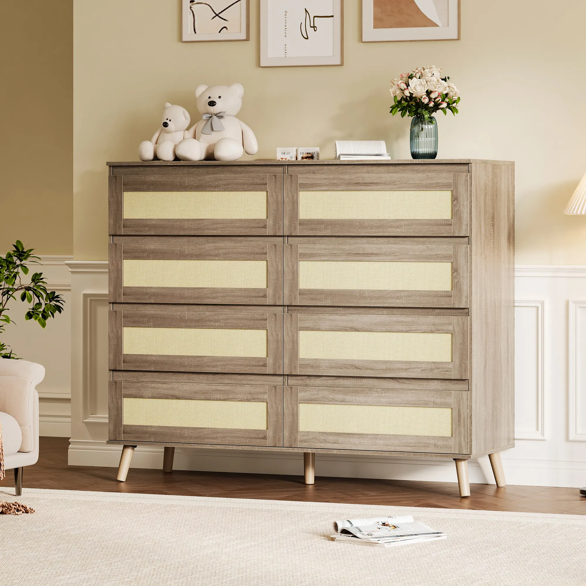 Modern Boho Rattan 8-Drawer Dresser Chest - Wide Shape Indoor Cabinet with Natural Rattan Fronts, Sturdy Wooden Legs, Ample Storage Organizer for Bedroom, Living Room
