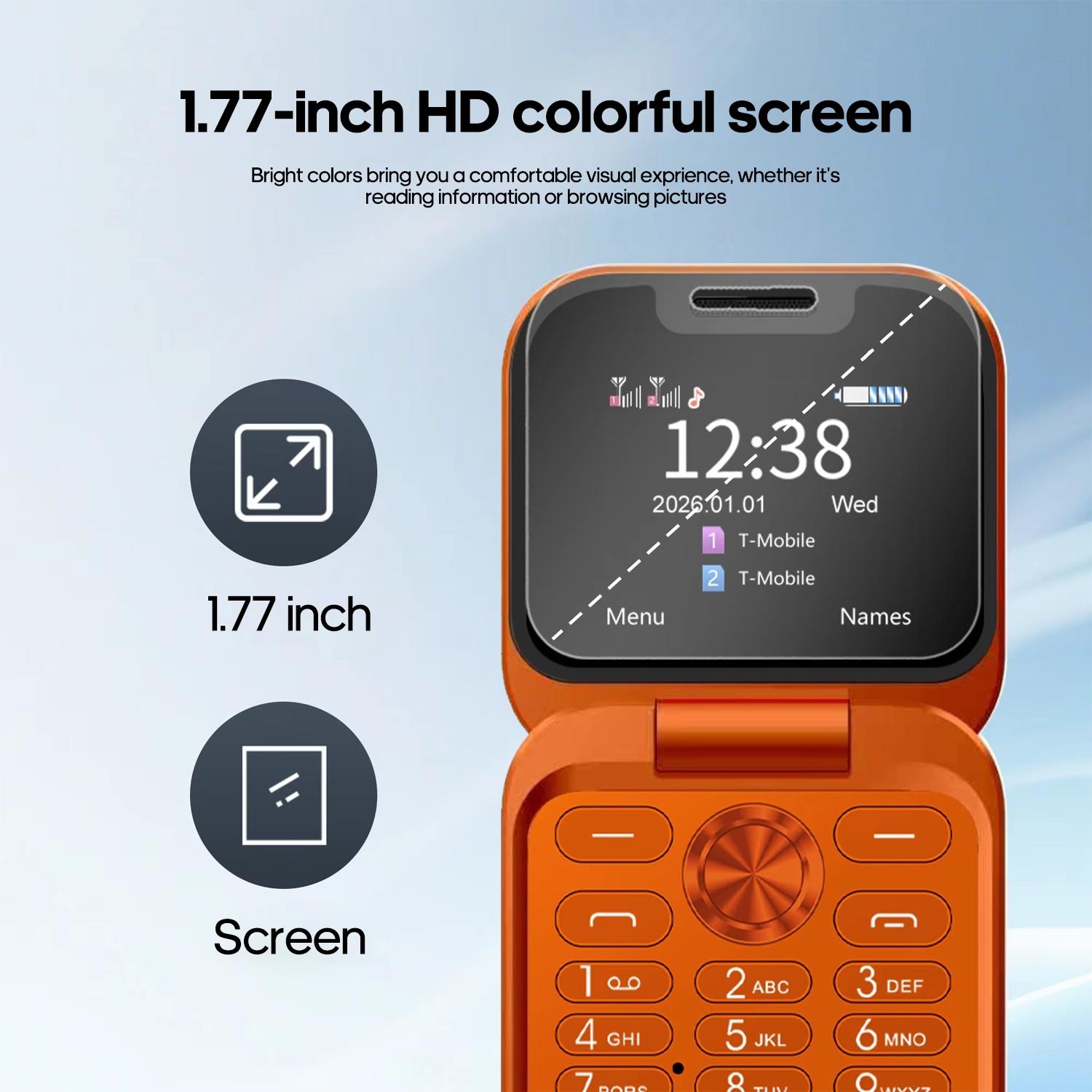 FUFFI fashionable mini folding clamshell phone with 2G network, 1.77-inch high-definition screen, dual SIM dual standby, 1000 mAh battery, flashlight/ music/ video/ convenient lanyard/ maximum support for 8GB capacity expansion