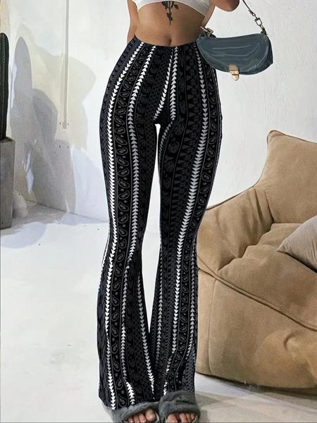 Women's High Waist Flare Pants Black Printed Bell Bottom Trousers Slim Fit Stretchy Wide Leg Pants Retro Bohemian Ethnic Pattern Streetwear Y2K Trendy Casual Fashion Club Party Outfit Comfortable Long Pants Boho Festival Trousers