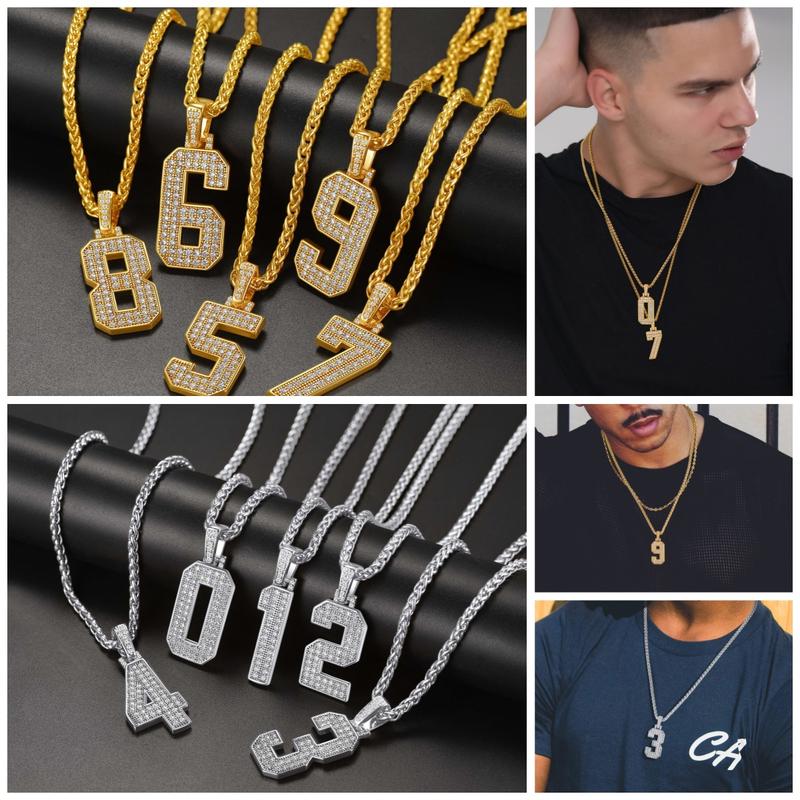 FindChic Bling Number Necklace Hip Hop Cubic Zirconia Golden Big Numbers Pendant for Rapper Pendant Necklace For Women Men