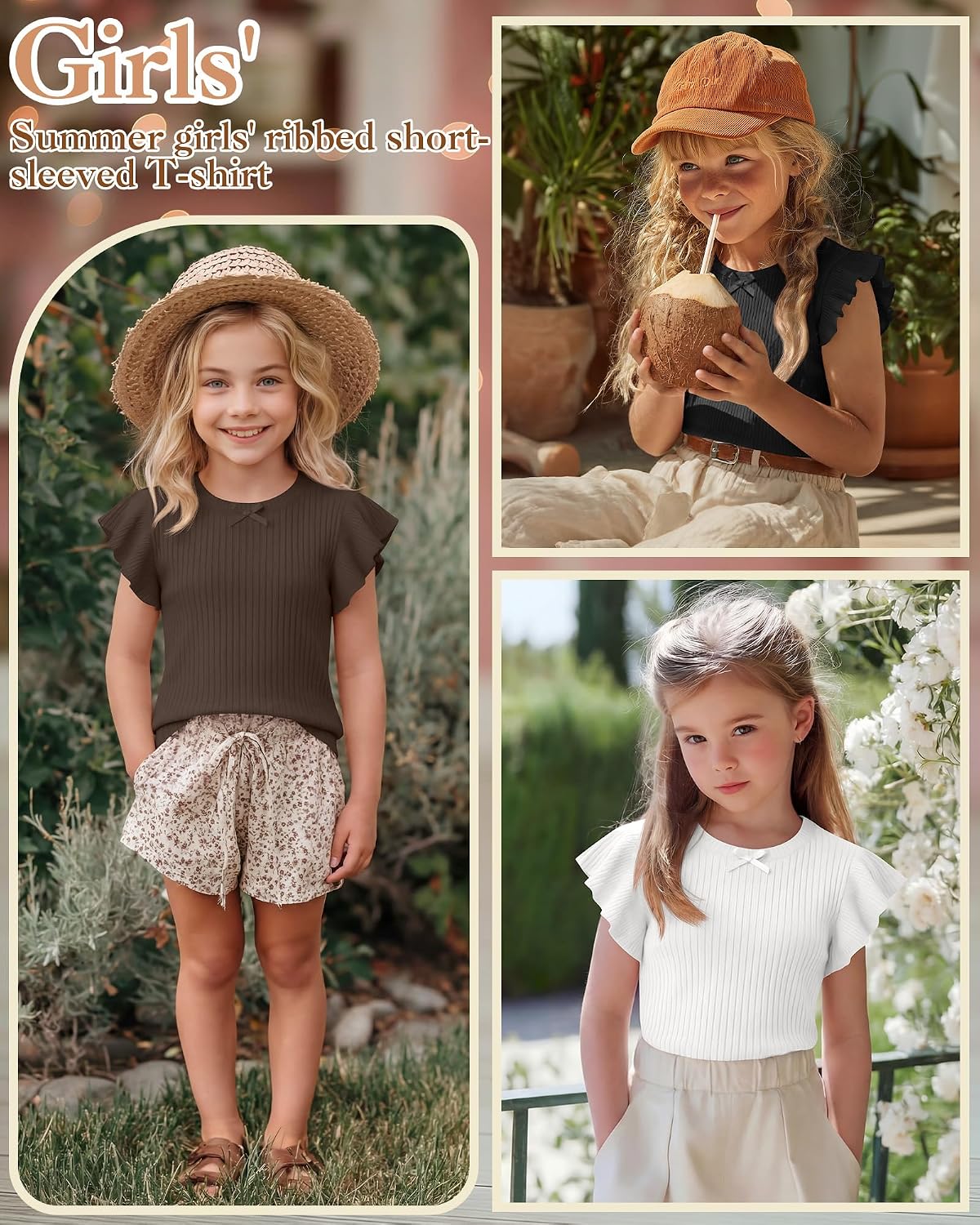 3 Pack Girls' Ruffle Sleeve T-Shirts| Short Sleeve Tops for Girls, Cute Casual Summer Shirts